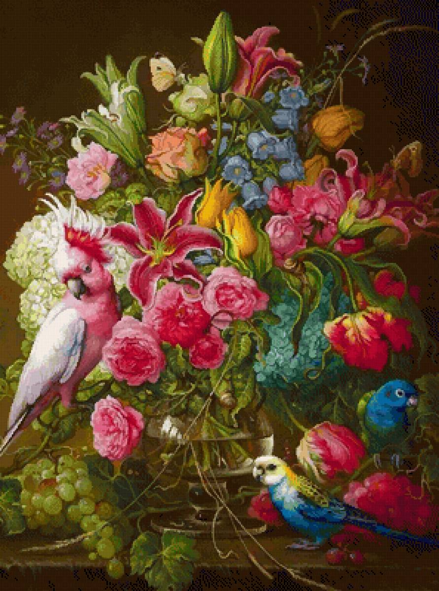 Букет - цветы, птицы - предпросмотр