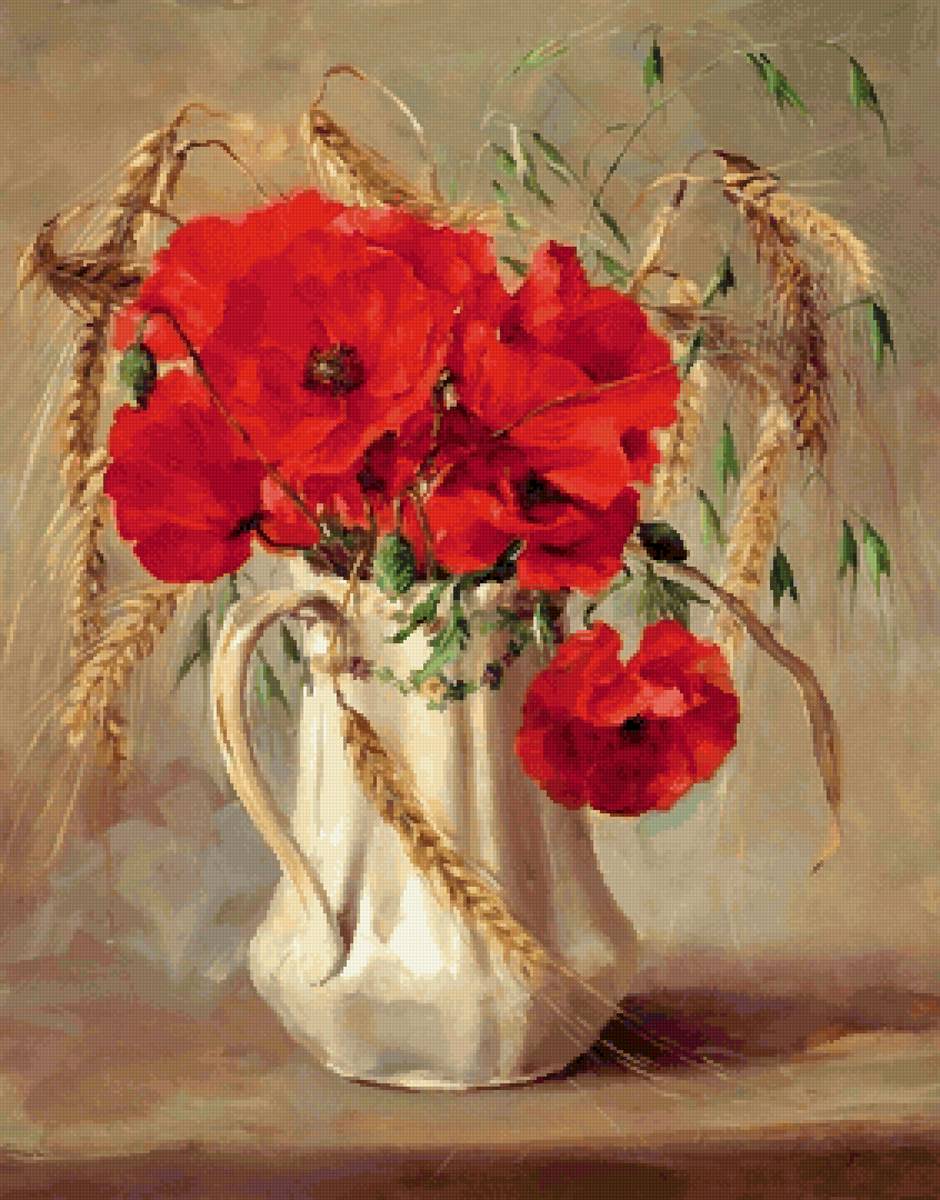 Маки и злаки - натюрморт, живопись, маки, пшеница, ваза - предпросмотр