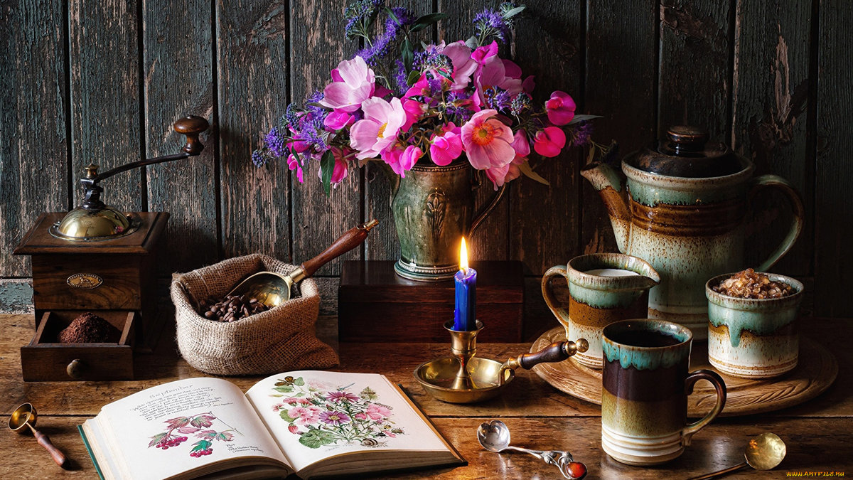 Натюрморт - букет, кофе, натюрморт, книга, цветы - оригинал