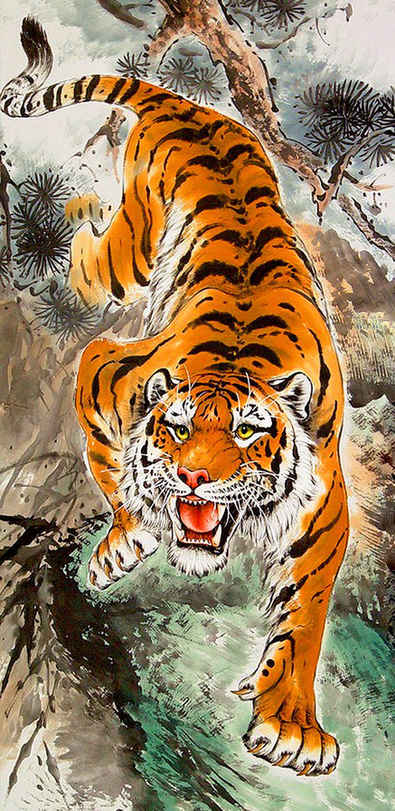 Тигр - хищник, восток, гохуа, тигр, китайская живопись, животные - оригинал