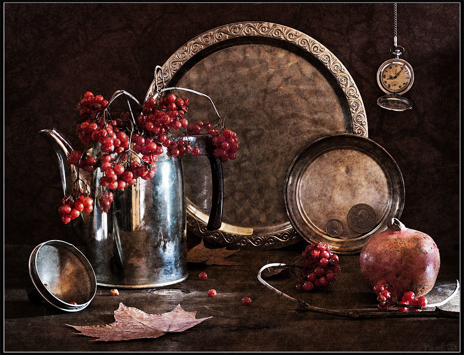 Калина и гранат - гранат, натюрморт, кувшин, калина - оригинал