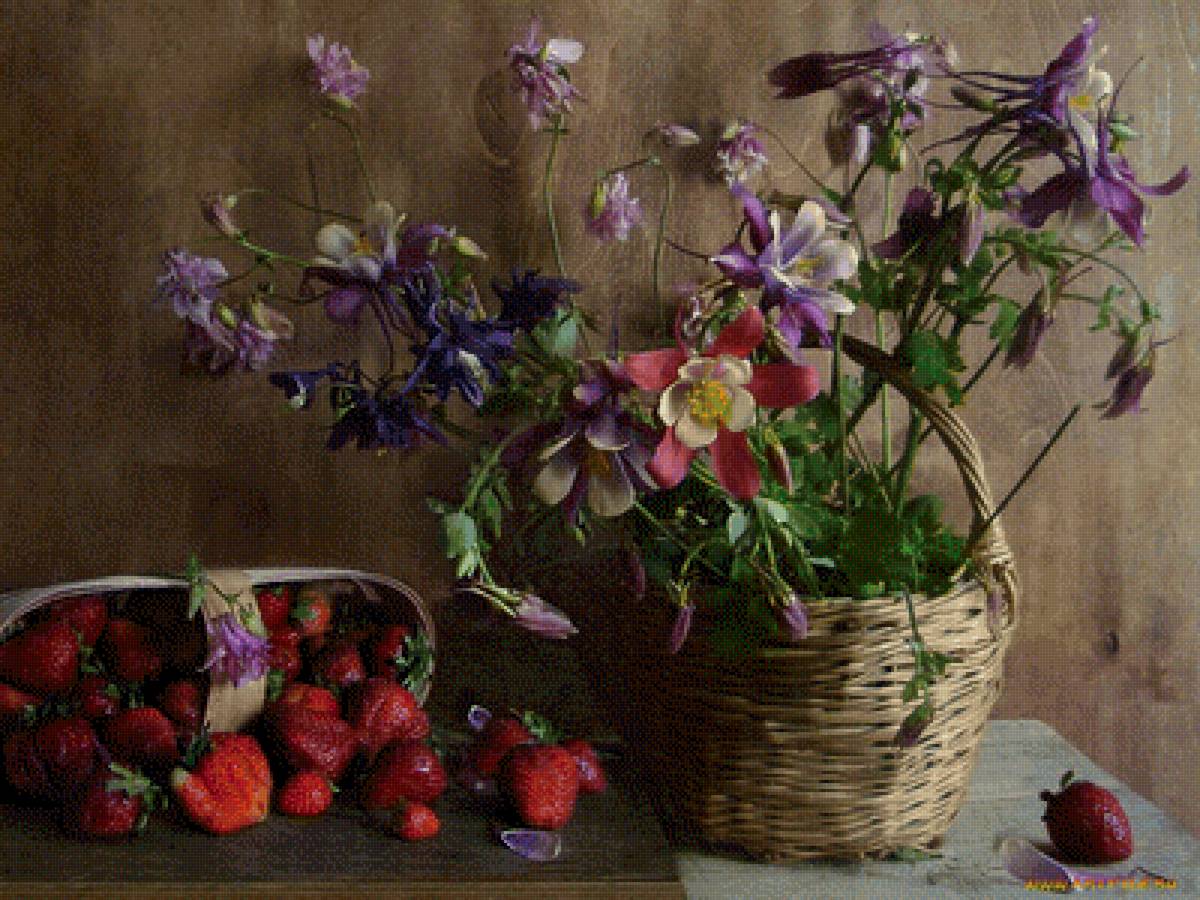 Лето - натюрморт, клубника, букет, цветы, корзина - предпросмотр