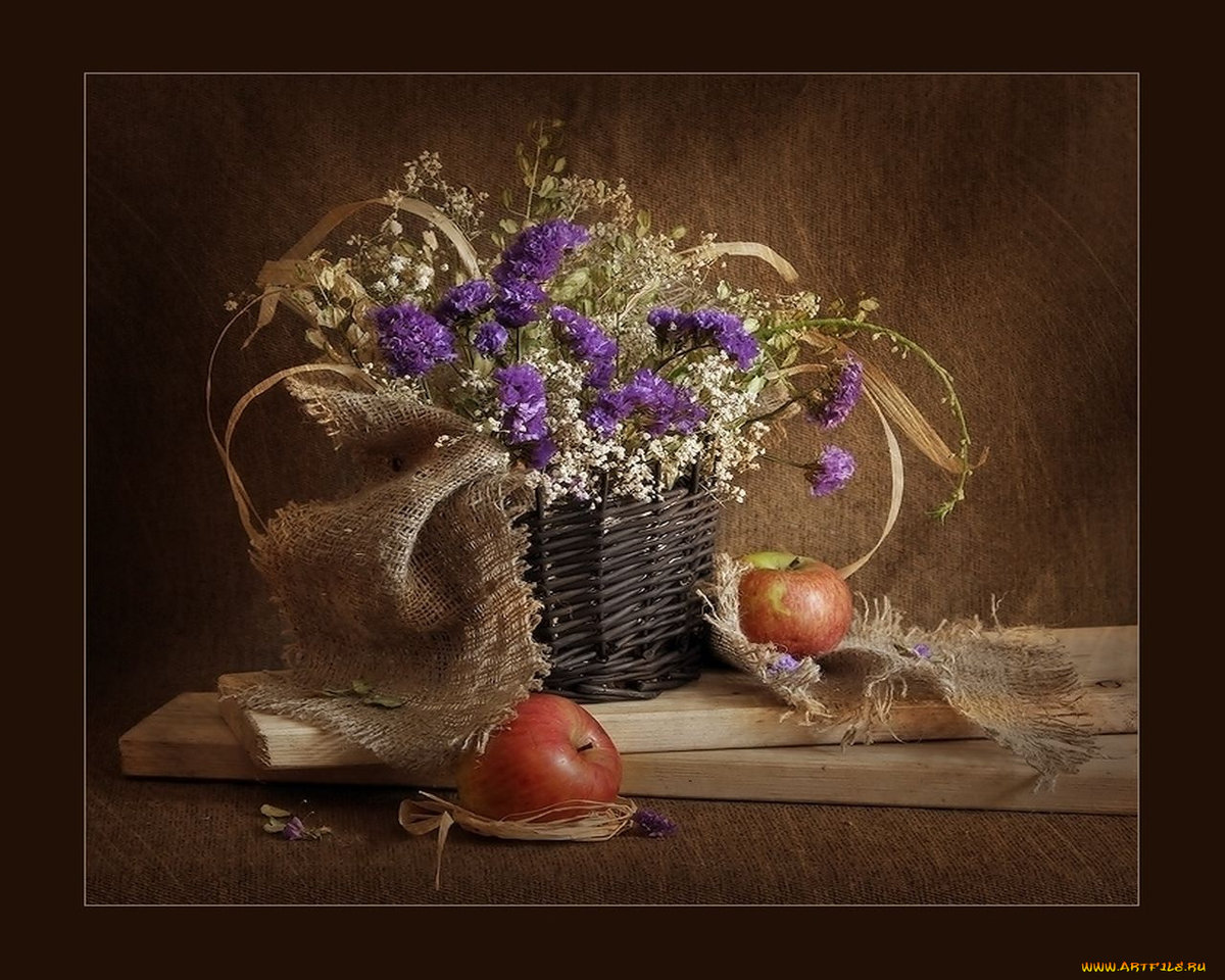 Натюрморт - натюрморт, букет, яблоки, цветы - оригинал
