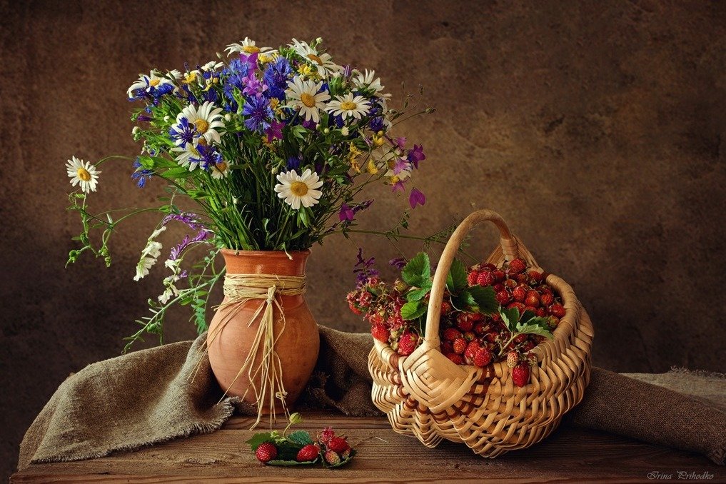 Лето - букет, ягоды, корзина, натюрморт, цветы - оригинал