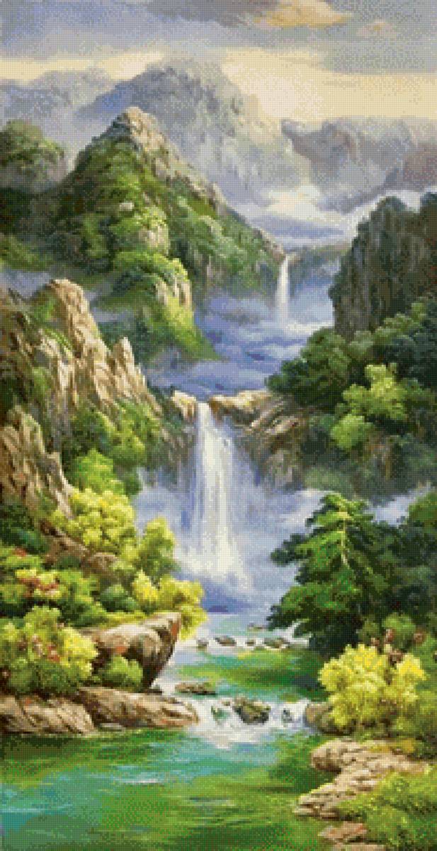 пейзаж. - пейзаж, водопад., горы - предпросмотр