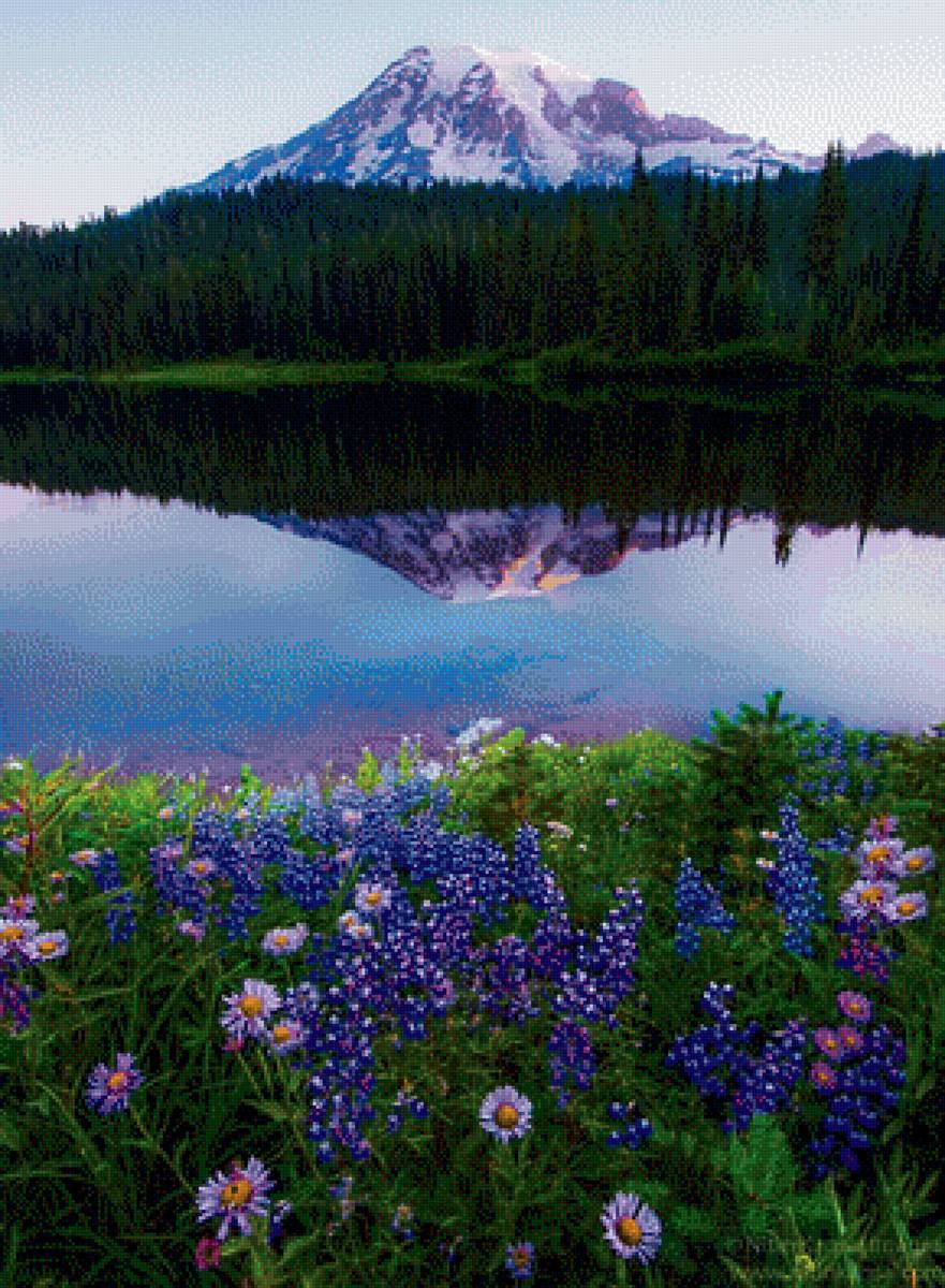 пейзаж. - пейзаж., озеро цветы, горы - предпросмотр
