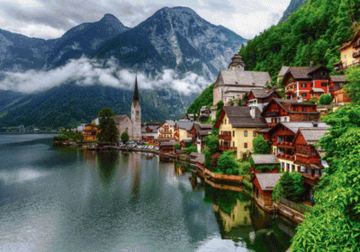 Городок. - пейзаж, дома, озеро, горы. - предпросмотр