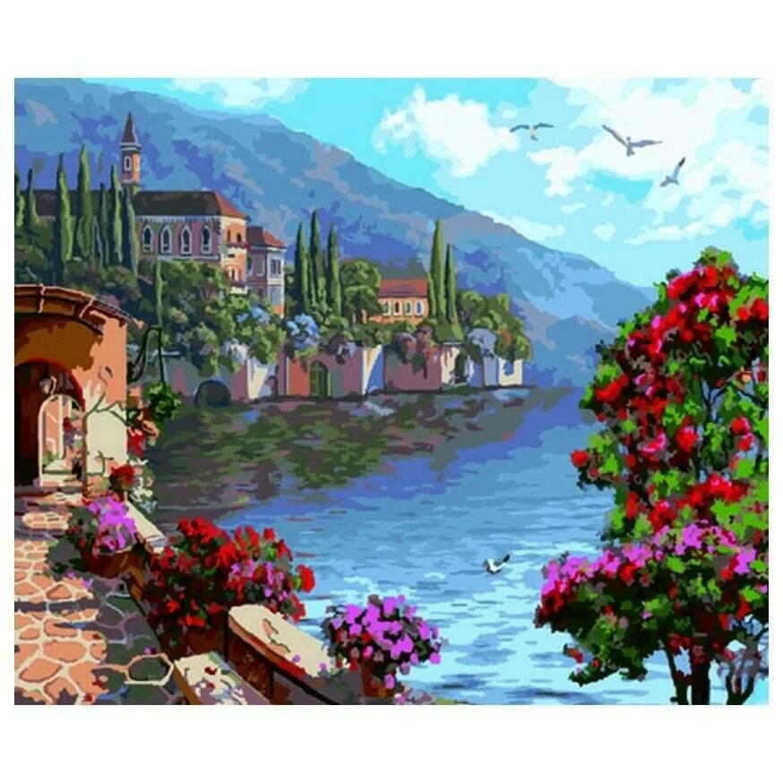 пейзаж. - пейзаж, горы, дома., море - оригинал