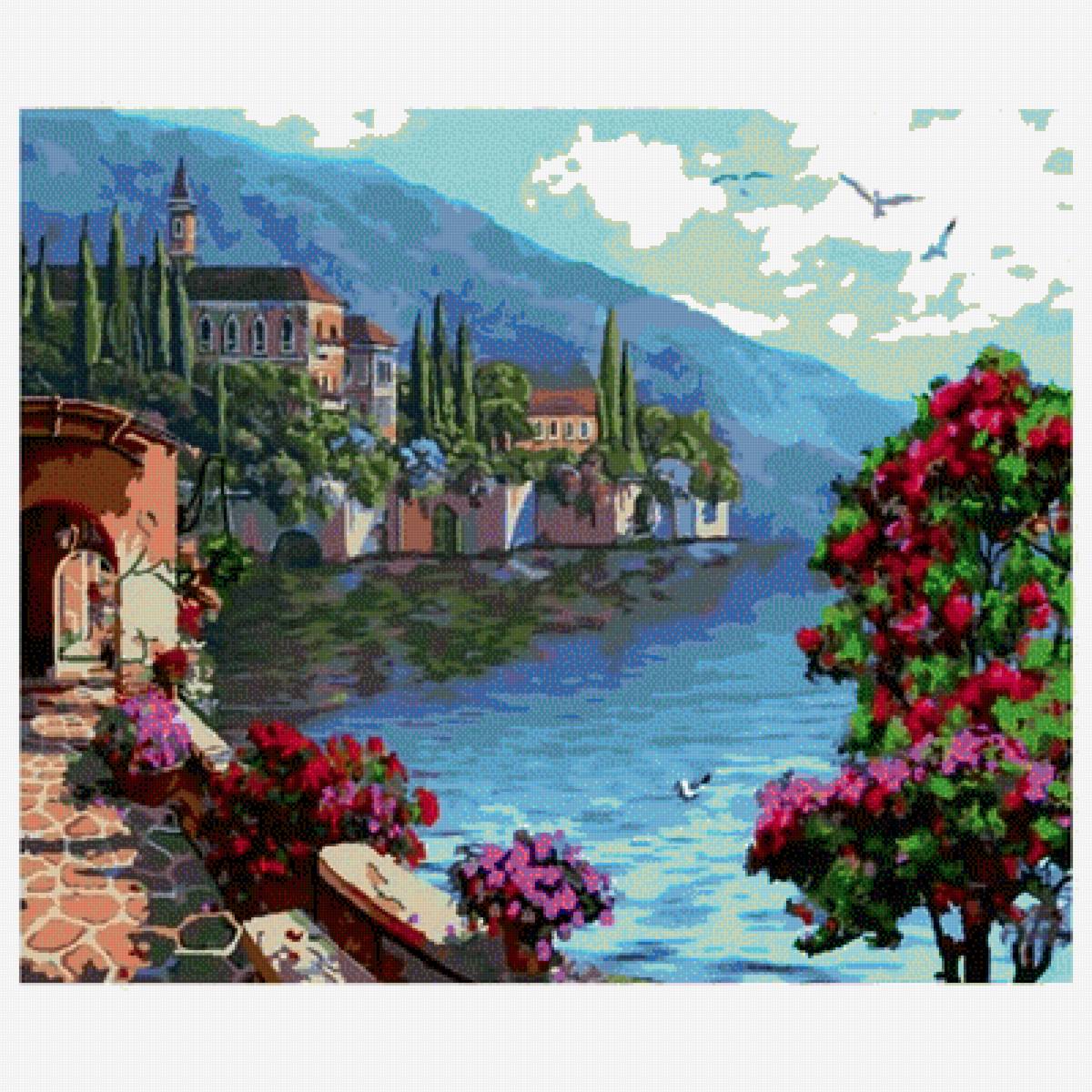 пейзаж. - горы, море, дома., пейзаж - предпросмотр