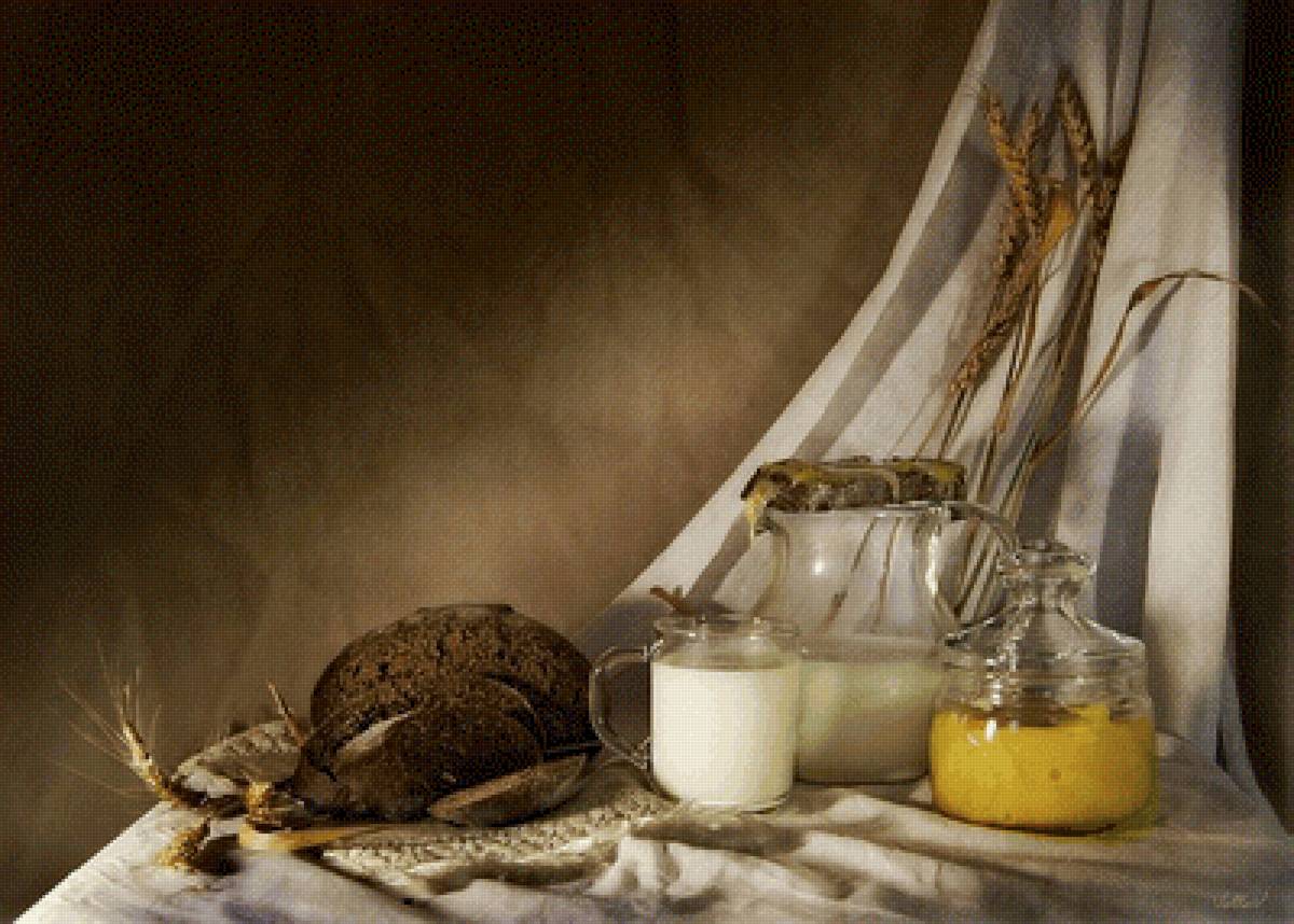 Черный хлеб - хлеб, колосья, молоко, натюрморт - предпросмотр