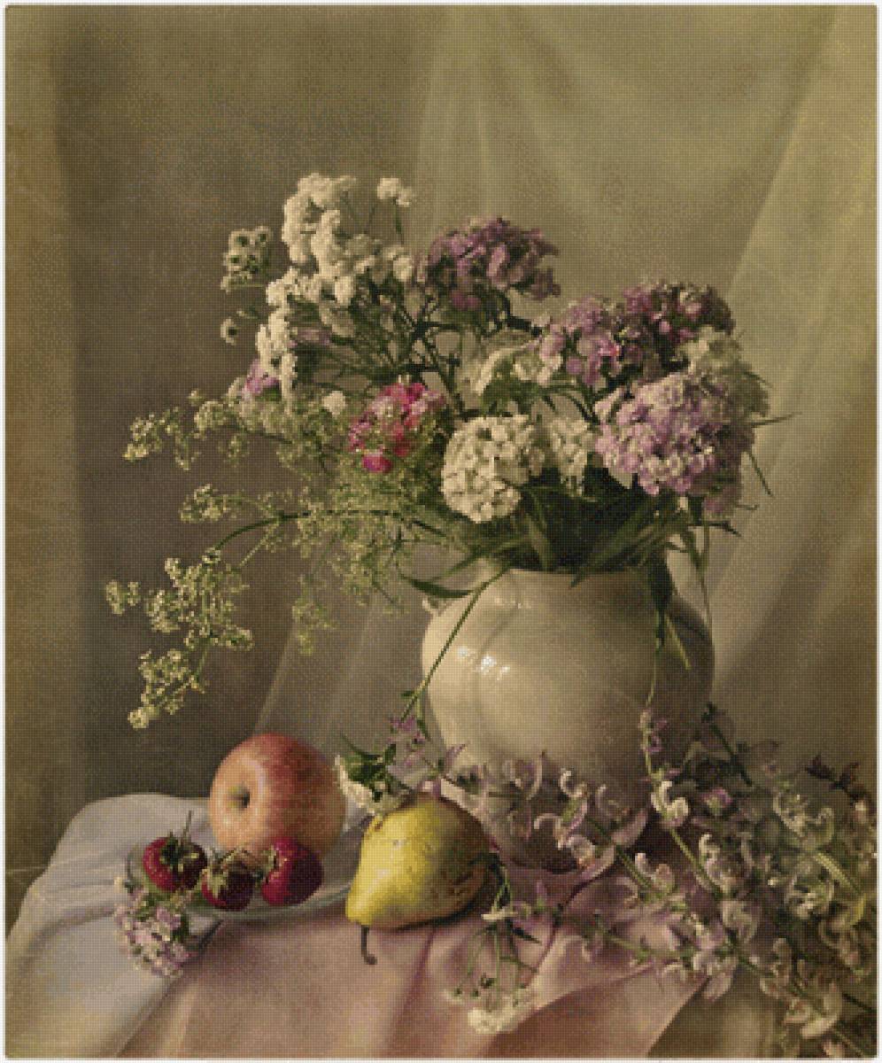 Цветы и фрукты - груша, яблоко, цветы, натюрморт, букет - предпросмотр