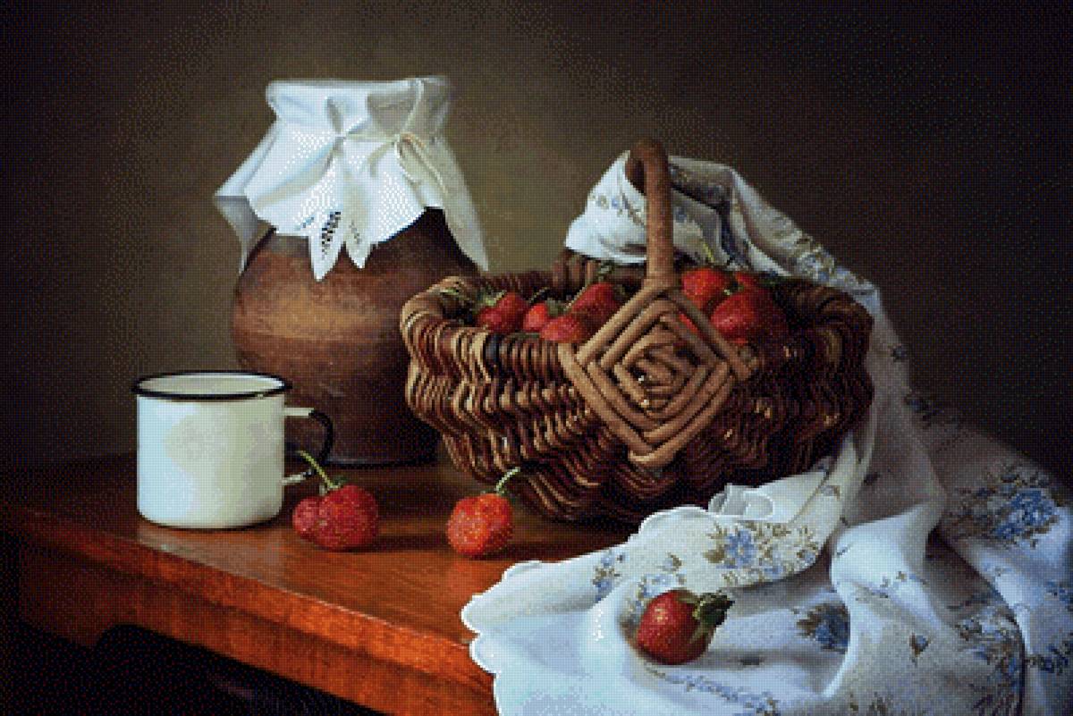 Клубника - клубника, натюрморт, крынка, корзина - предпросмотр