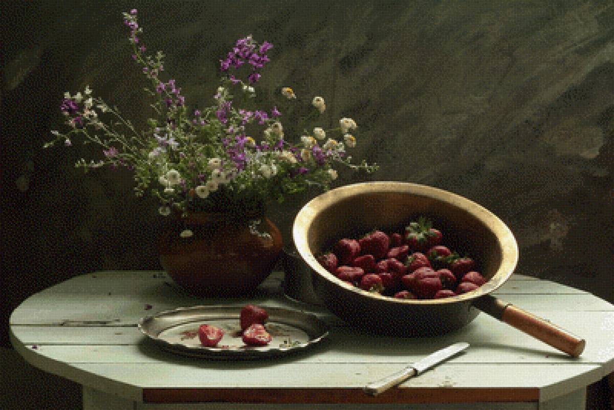 Дачный натюрморт - клубника, цветы, букет, натюрморт, лето - предпросмотр