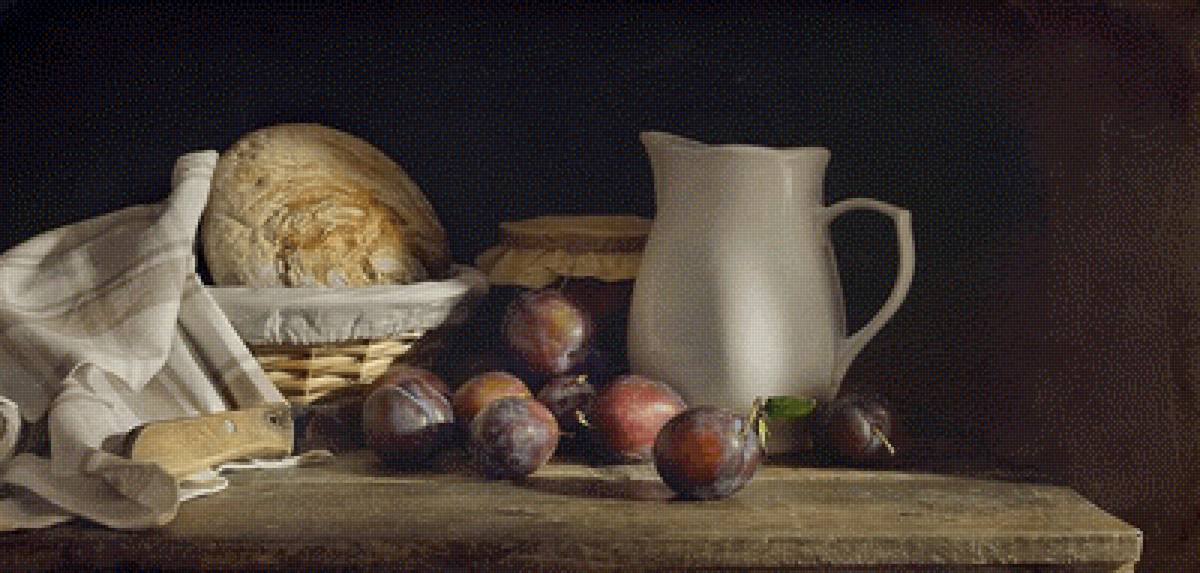 Сливы - натюрморт, хлеб, кухня, сливы, кувшин - предпросмотр