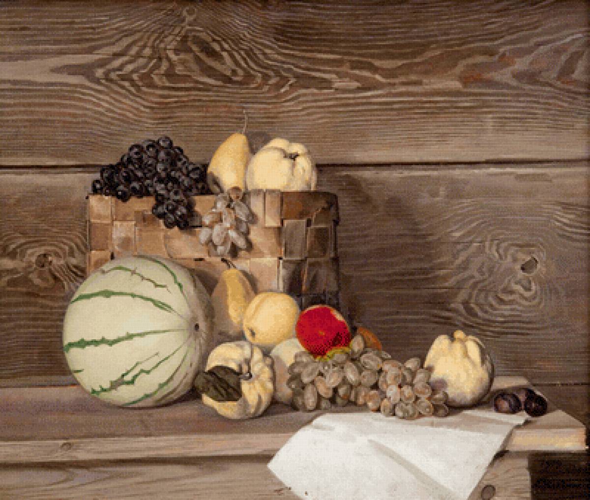 Натюрморт с арбузом - груша, натюрморт, яблоко, фрукты, сливы, айва, арбуз, виноград - предпросмотр