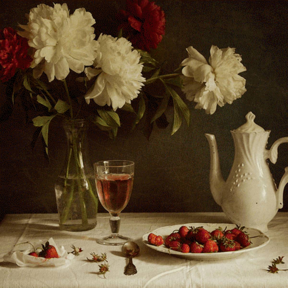 Пионы и клубника - клубника, пионы, цветы, букет, натюрморт - предпросмотр