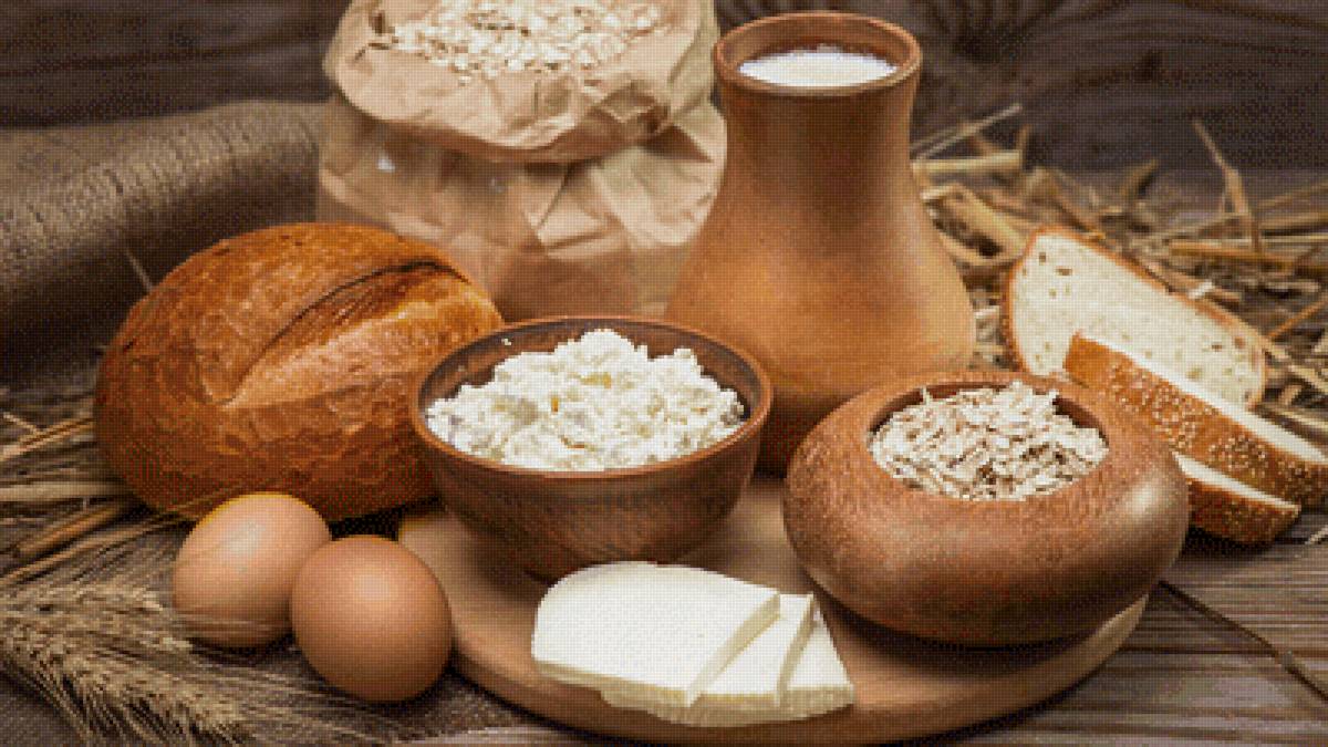 Деревенский завтрак - натюрморт, хлеб, молоко, творог, кувшин, сыр - предпросмотр