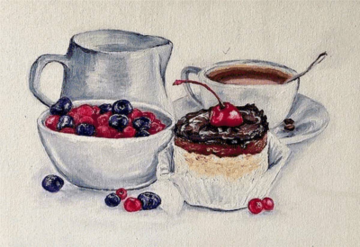 АННА КОЗЫРЕВА. ЧАШКА КОФЕ С ПИРОЖЕНЫМ - еда, натюрморт - предпросмотр