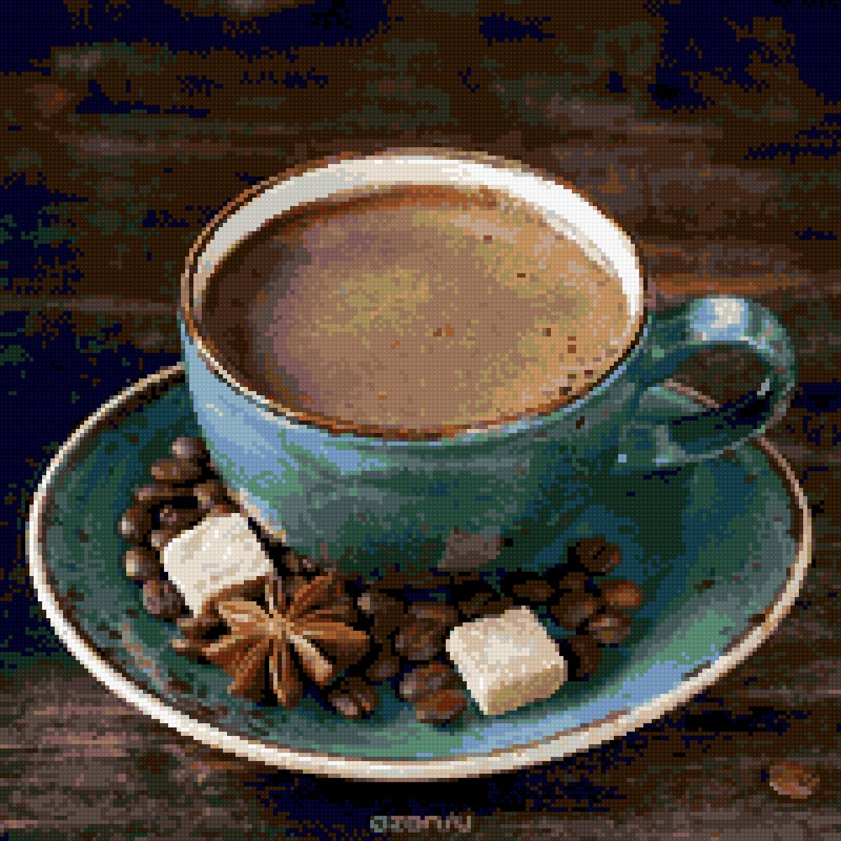 кофе - корица, кофейные зерна, бирюзовый, чашка, кофе, сахар - предпросмотр