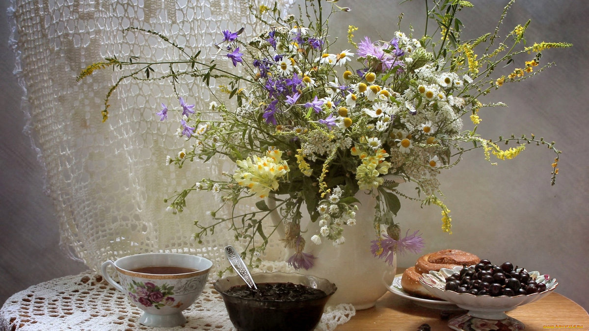 Чай с вареньем - натюрморт, смородина, букет, ромашки, цветы, варенье - оригинал