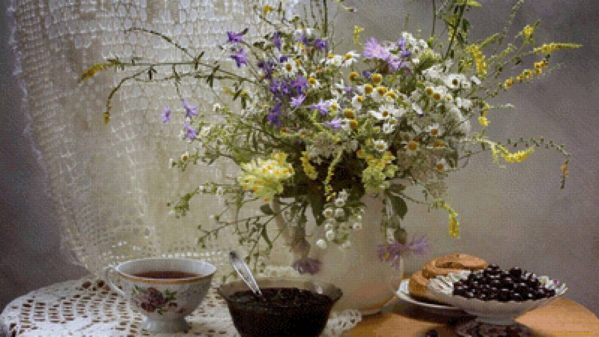 Чай с вареньем - цветы, ромашки, букет, варенье, натюрморт, смородина - предпросмотр