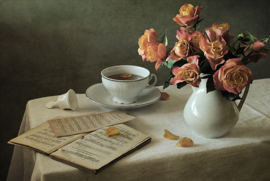 Ноктюрн - розы, чай, букет, ноты, цветы, натюрморт - оригинал