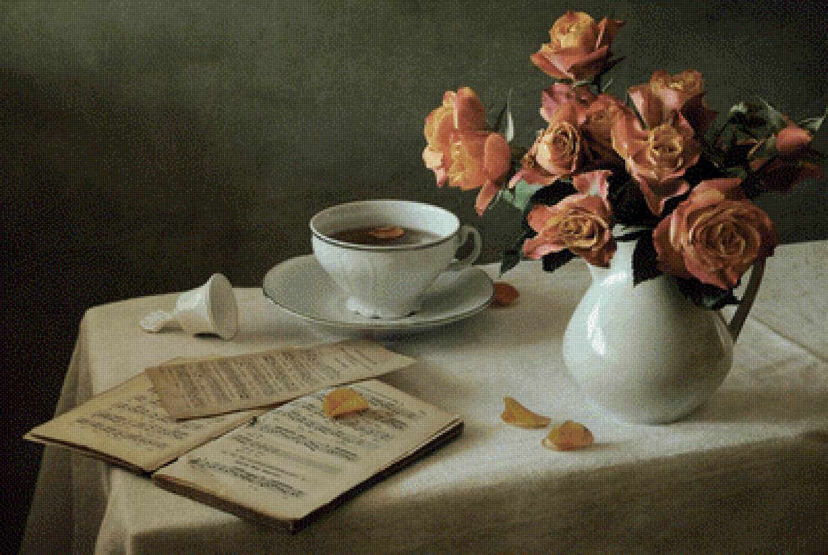 Ноктюрн - чай, розы, натюрморт, букет, цветы, ноты - предпросмотр