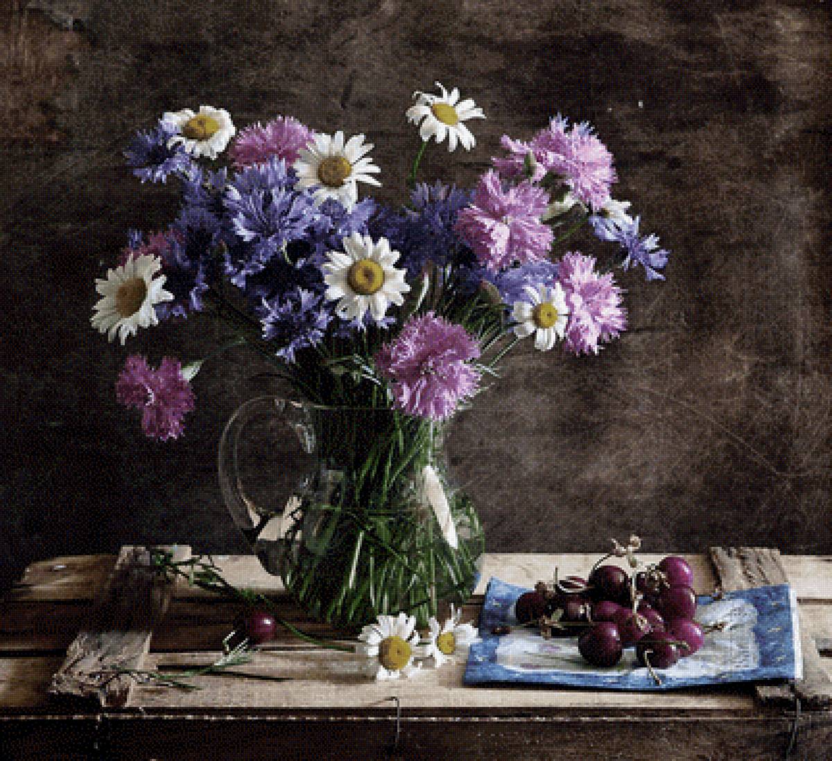 Букет полевых цветов - букет, ромашки, черешня, гвоздики, васильки, натюрморт - предпросмотр