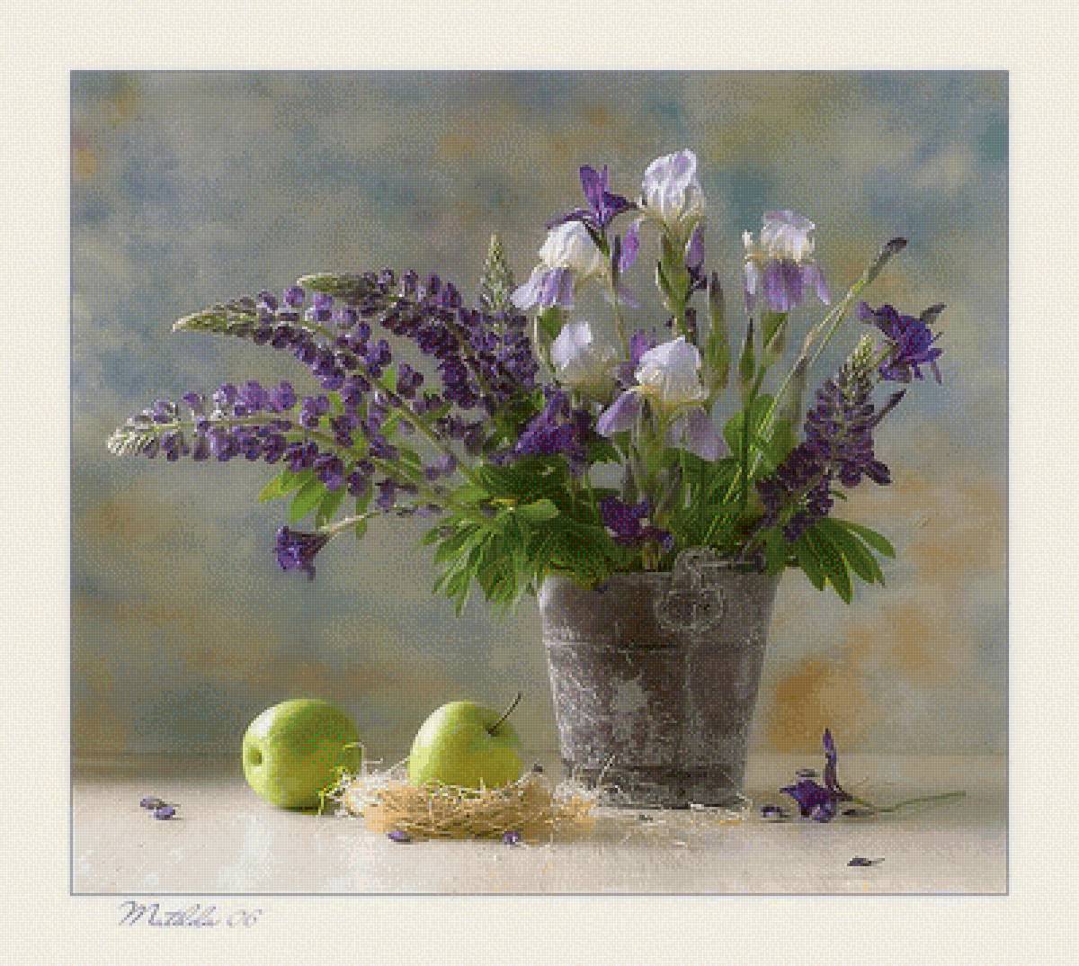 Люпины и ирисы - люпины, цветы, ирисы, яблоки, натюрморт, букет - предпросмотр