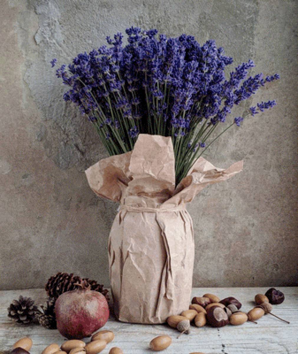 Лаванда - желуди, гранат, лаванда, букет, шишки, натюрморт, орехи, цветы - предпросмотр