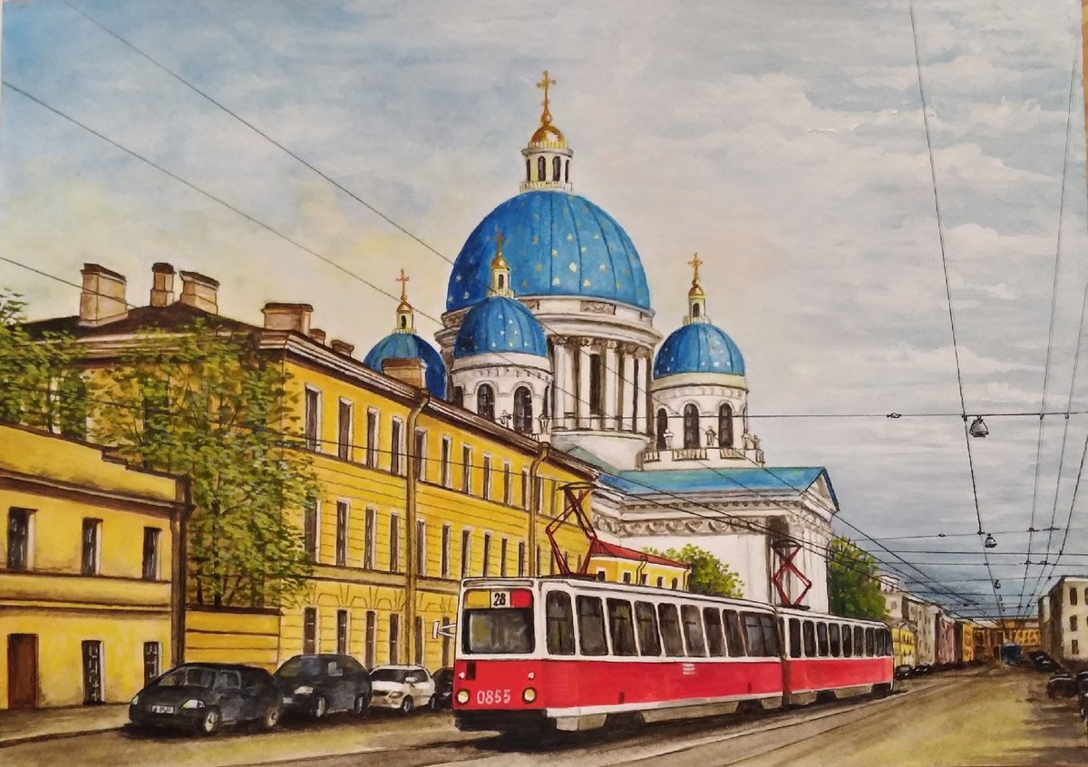 Питерский трамвай - собор, пейзаж, здания, город, санкт-петербург, трамвай - оригинал