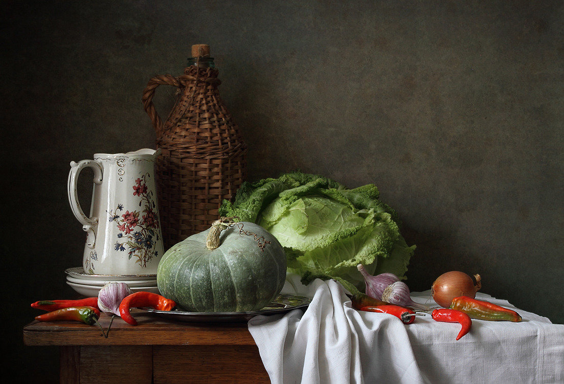 Кухонный натюрморт - тыква, капуста, чеснок, кувшин, перец, натюрморт, корзина, кухня - оригинал