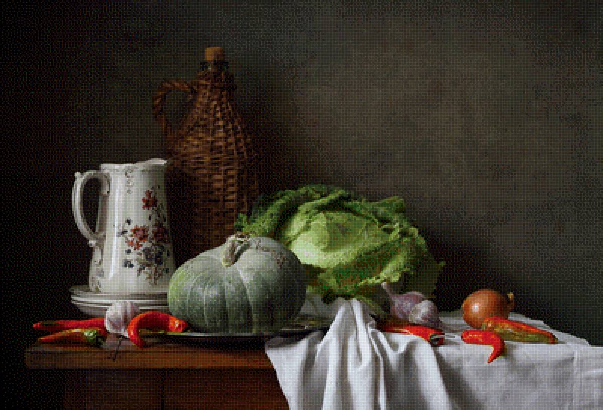 Кухонный натюрморт - перец, натюрморт, корзина, тыква, кувшин, чеснок, капуста, кухня - предпросмотр