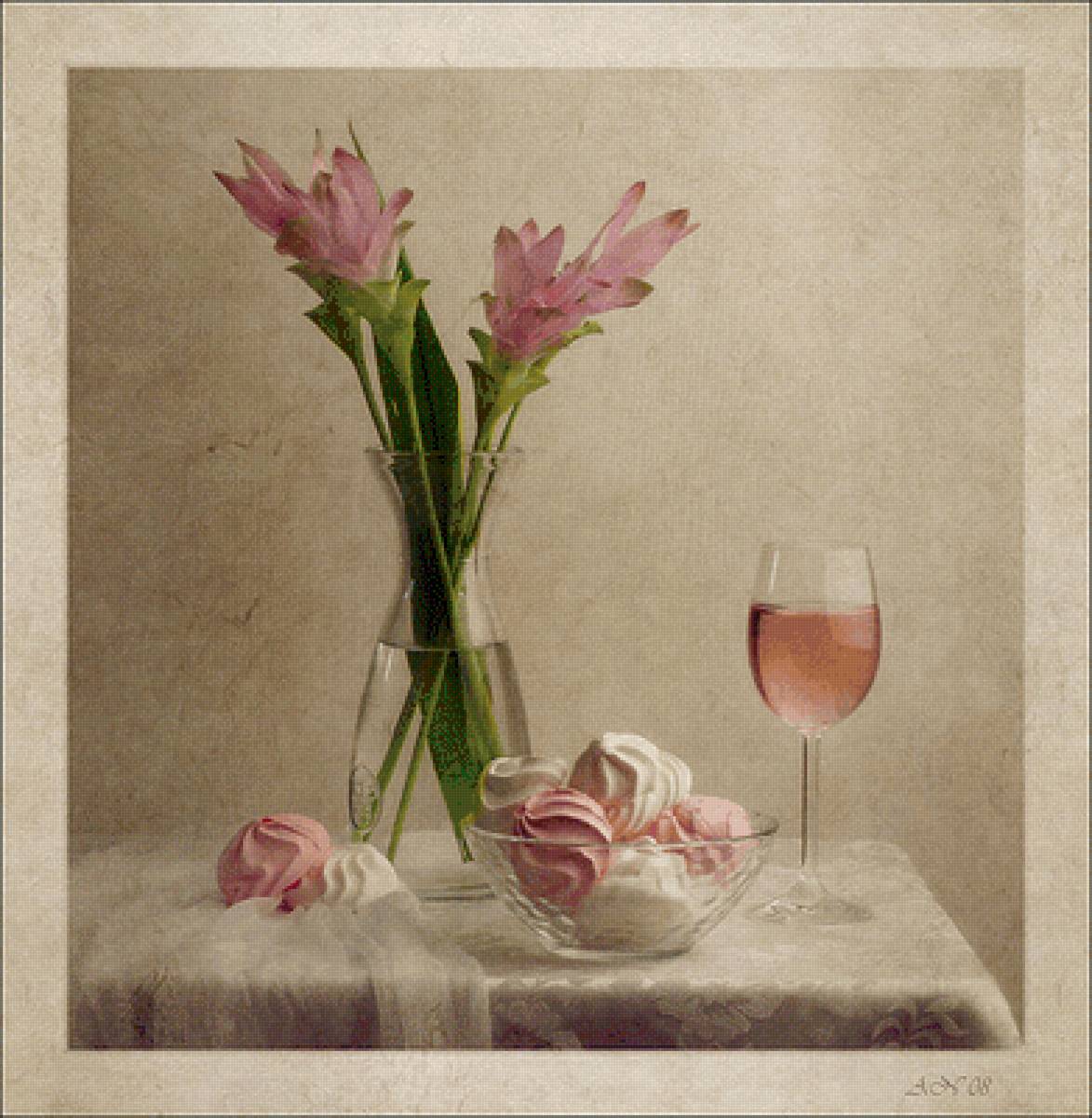 Зефир - натюрморт, зефир, букет, бокал, цветы - предпросмотр