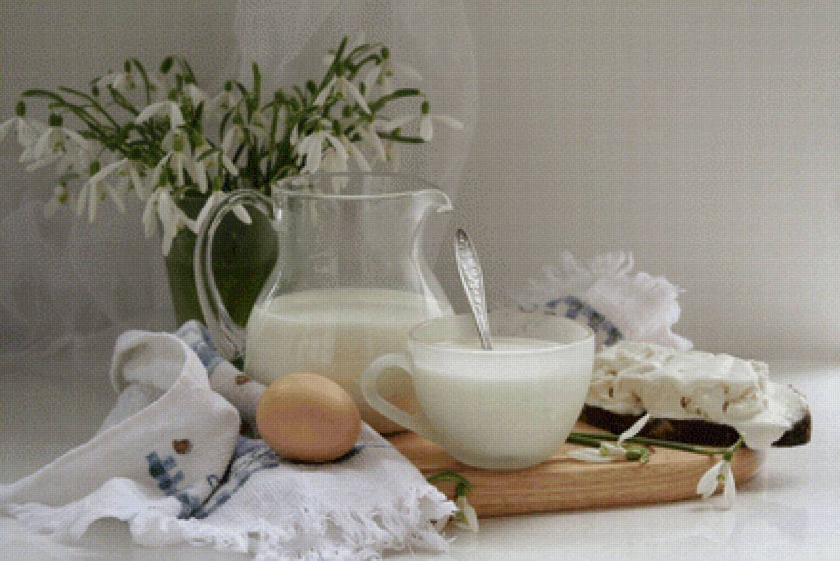 Молочный натюрморт - подснежники, цветы, натюрморт, кувшин, молоко, букет, яйцо - предпросмотр