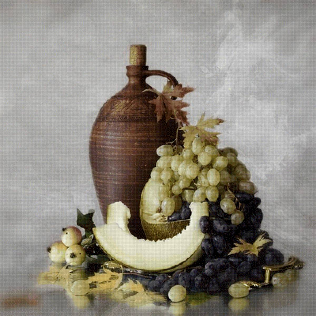 Осеннее отражение - натюрморт, фрукты, виноград, кувшин, дыня, ранетки - предпросмотр