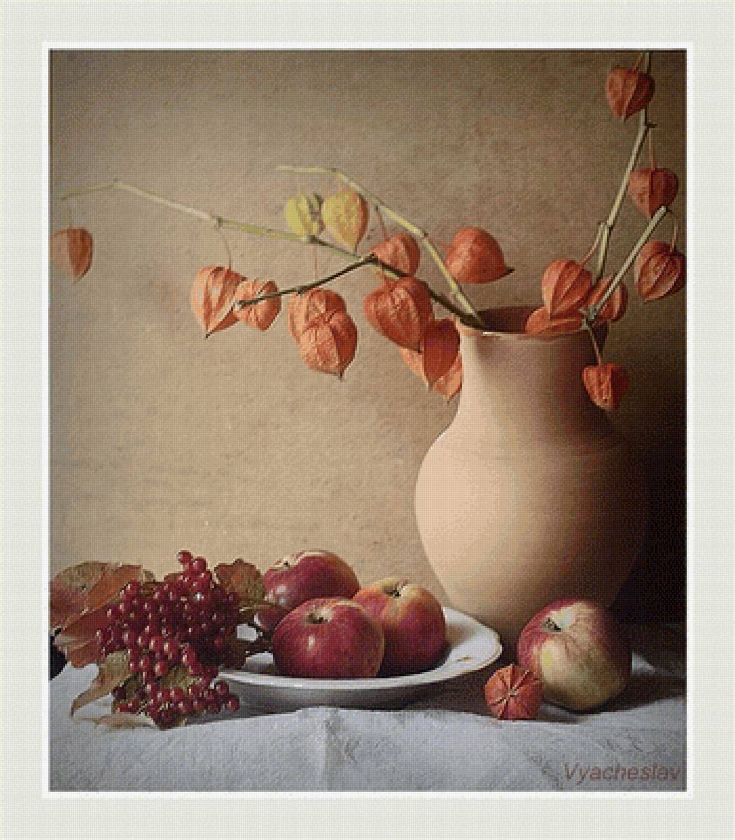 Осень - букет, калина, натюрморт, осень, крынка, физалис, яблоки - предпросмотр