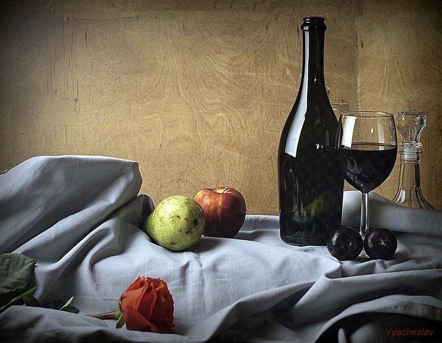 Натюрморт - яблоко, груша, сливы, вино, бокал, натюрморт, роза - оригинал