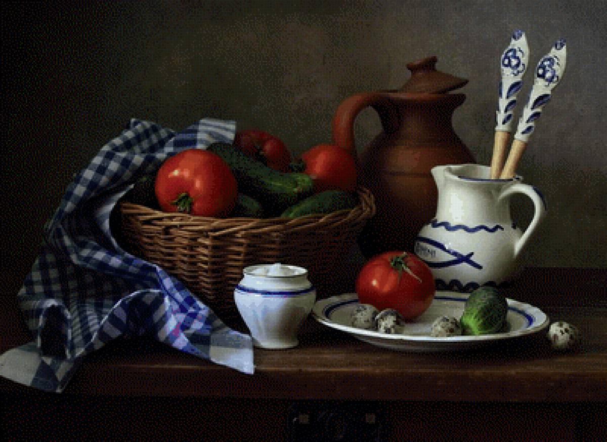 Кухонный натюрморт - натюрморт, корзина, огурцы, помидоры, кувшин, кухня - предпросмотр