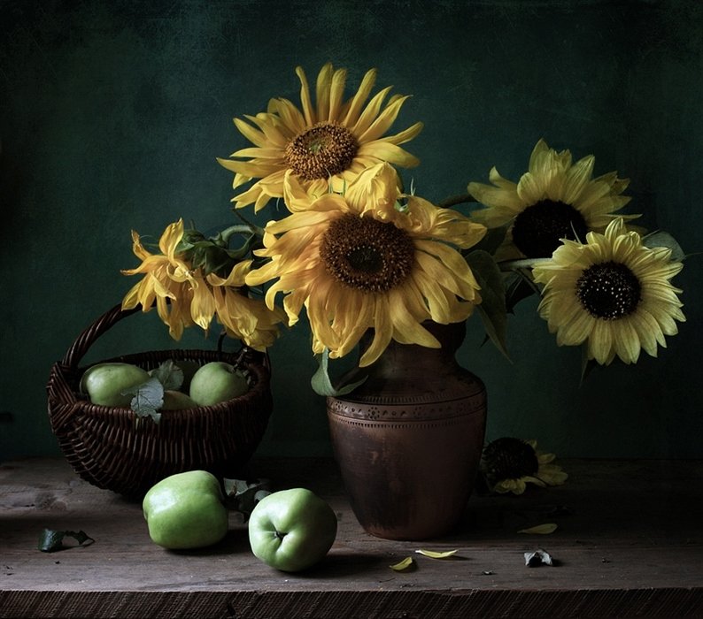Подсолнухи - яблоки, натюрморт, подсолнухи - оригинал