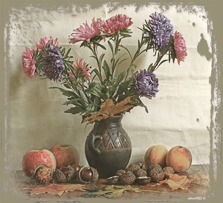 Осенний - букет, натюрморт, цветы, орехи, астры - оригинал