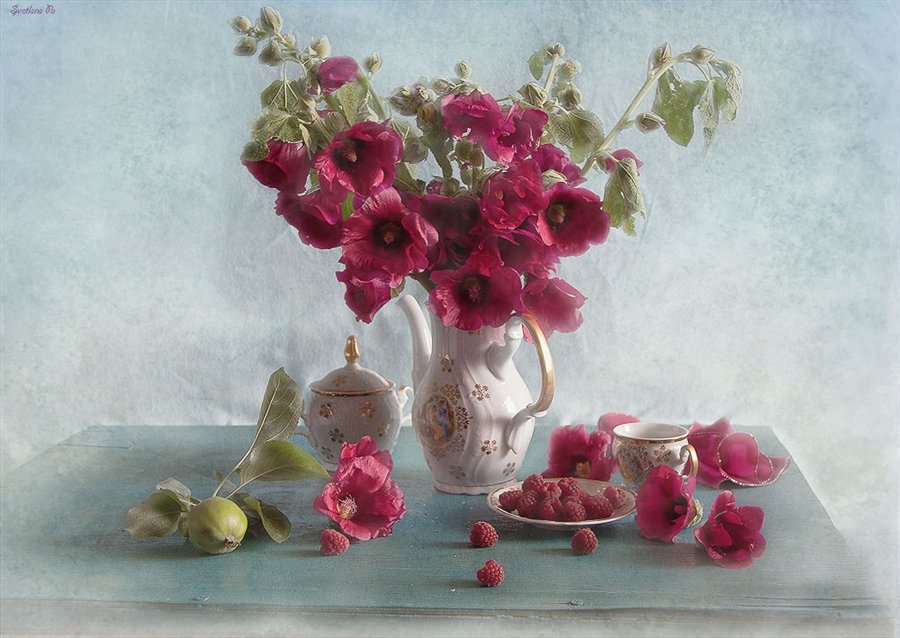 Мальва - мальва, натюрморт, цветы, малина, букет - оригинал