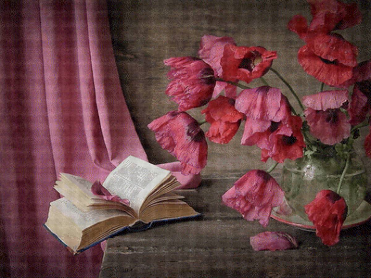 Маки - натюрморт, книга, маки, букет, цветы - предпросмотр
