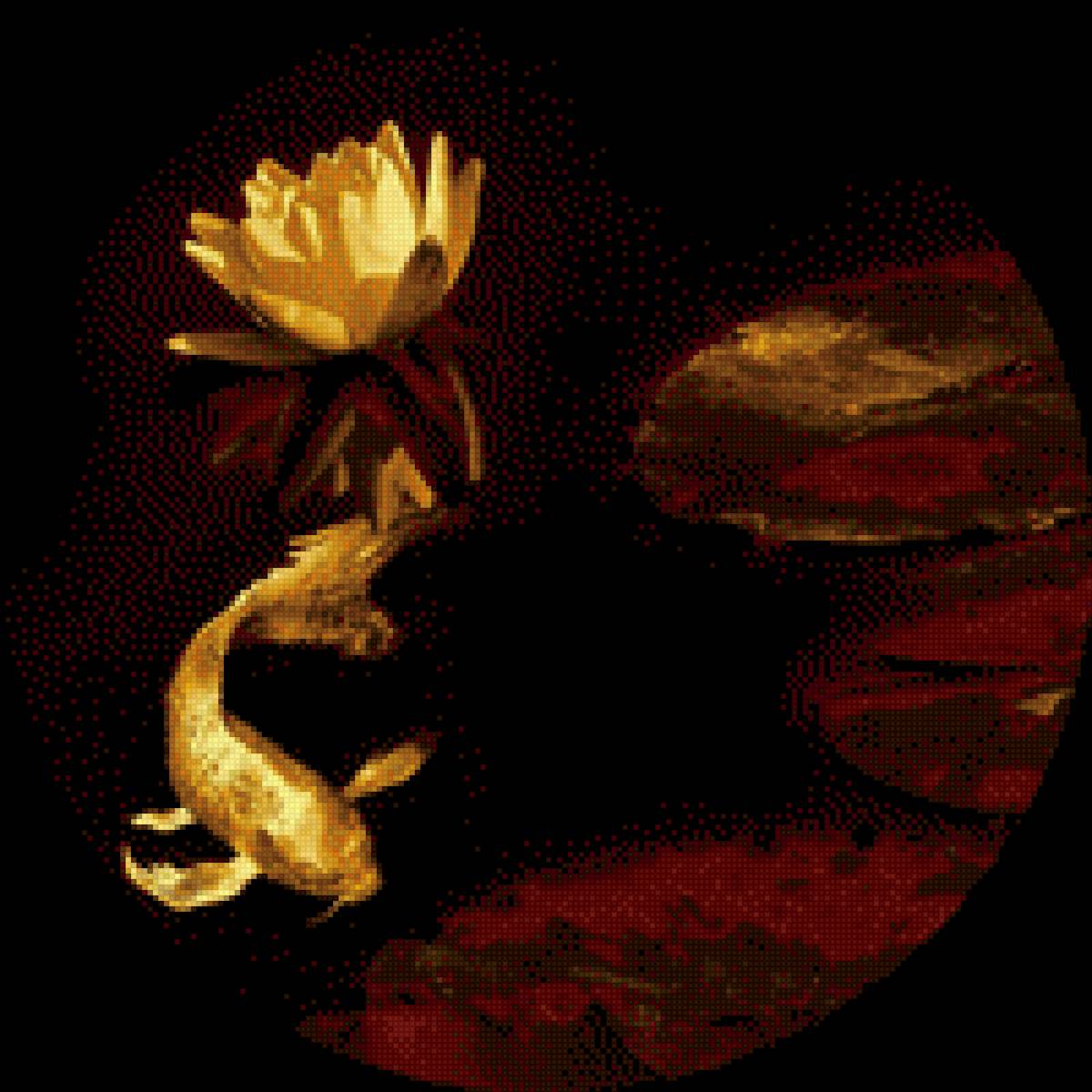 Золотая рыбка круг - золото, оранжевый, красный, кувшинки, рыбка, черный, восток - предпросмотр