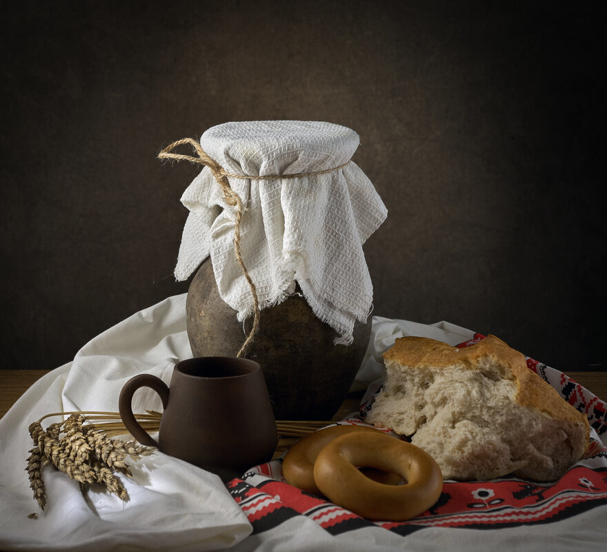 Деревенский натюрморт - колоски, крынка, хлеб, натюрморт - оригинал