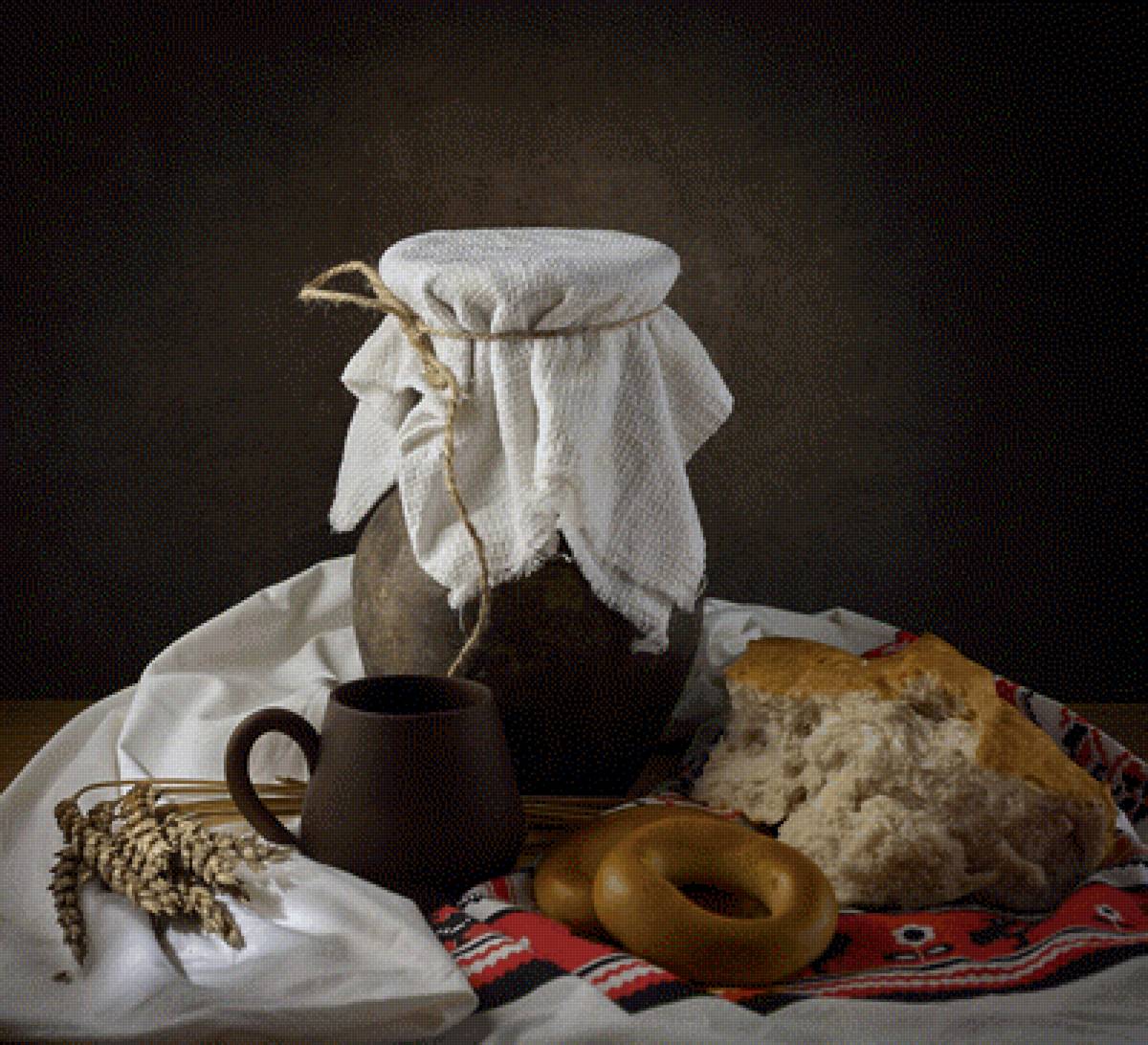 Деревенский натюрморт - колоски, натюрморт, крынка, хлеб - предпросмотр