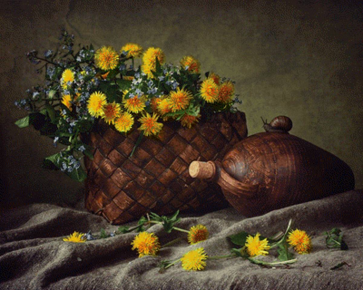 №2525086 - цветы, натюрморт, корзина, улитка, одуванчики, букет - предпросмотр