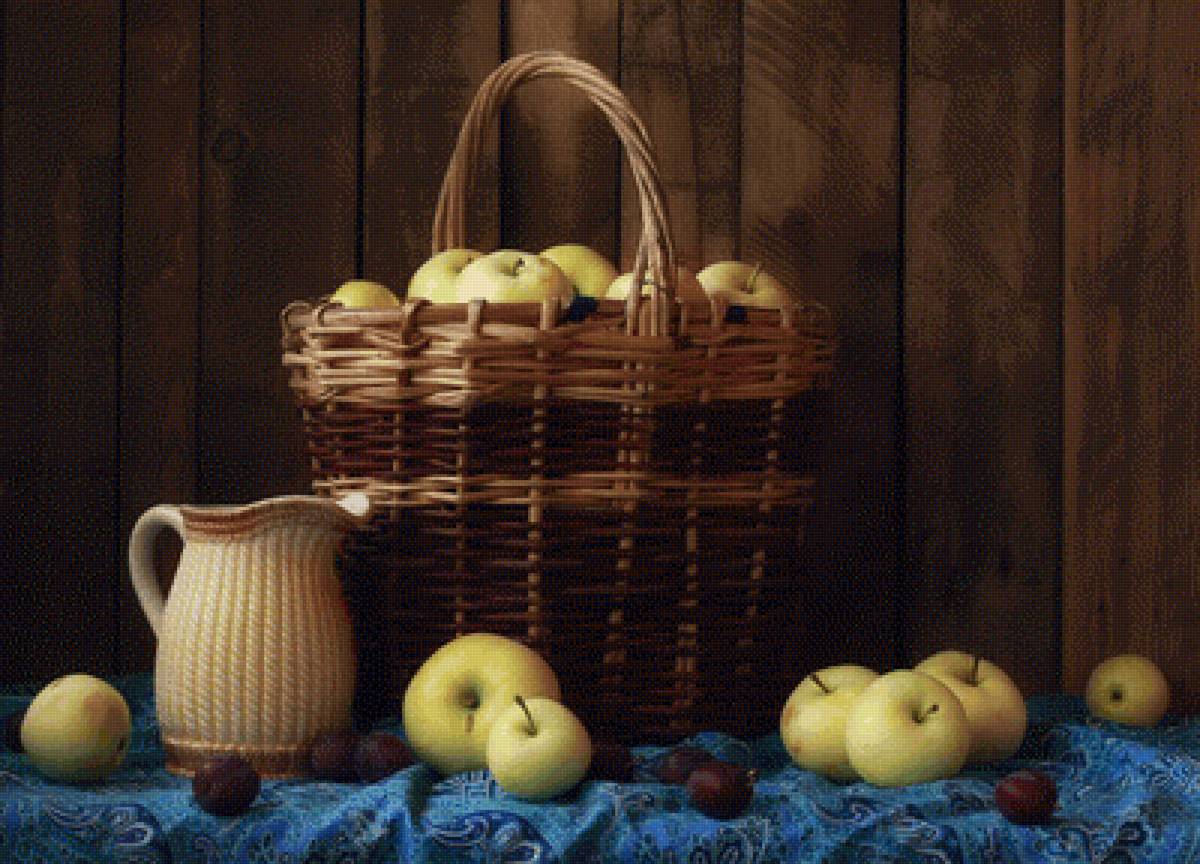 Урожай яблок - яблоки, натюрморт, корзина, фрукты, кувшин, сливы - предпросмотр