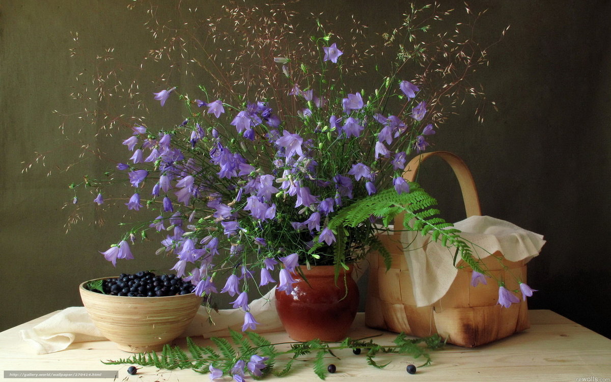 Лето - колокольчики, букет, цветы, натюрморт, корзина, лето, смородина - оригинал