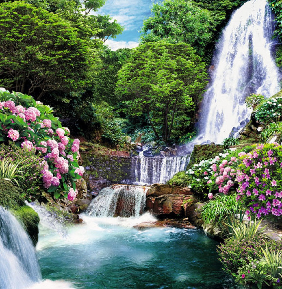 Водопад - водопад, пейзаж, цветы - оригинал